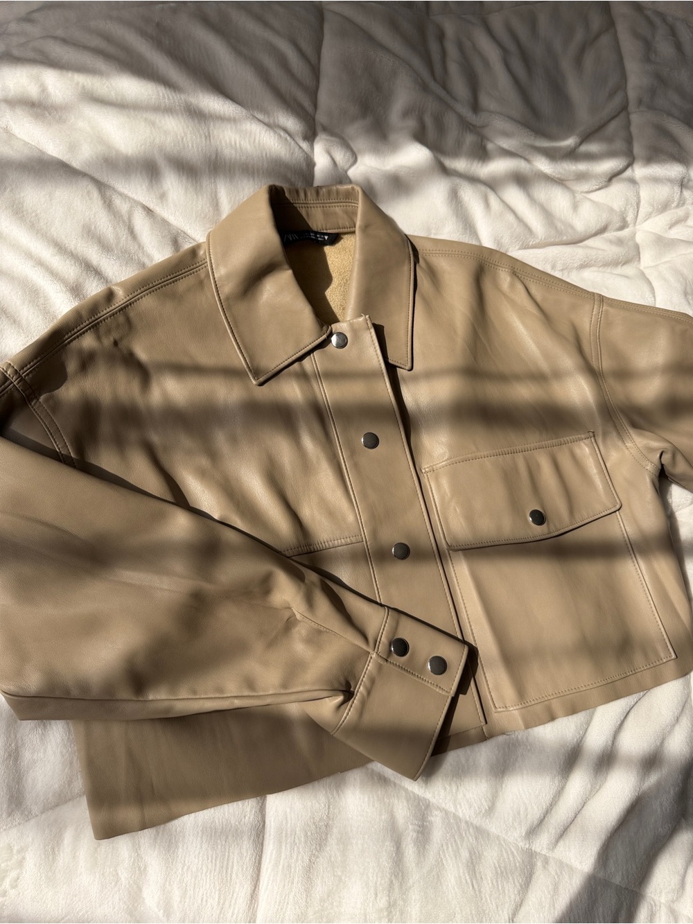 Zara Tan Cropped Leather Jacket